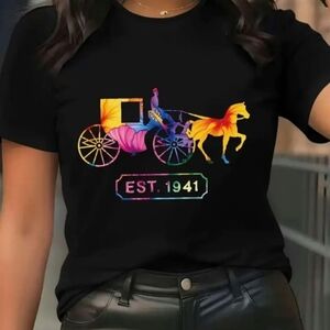Black Short-Sleeve Graphic Tee with Rainbow Carriage Design